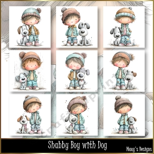 Shabby Boy with Dog  - Illustrations for Cards, Mini kits & Designers