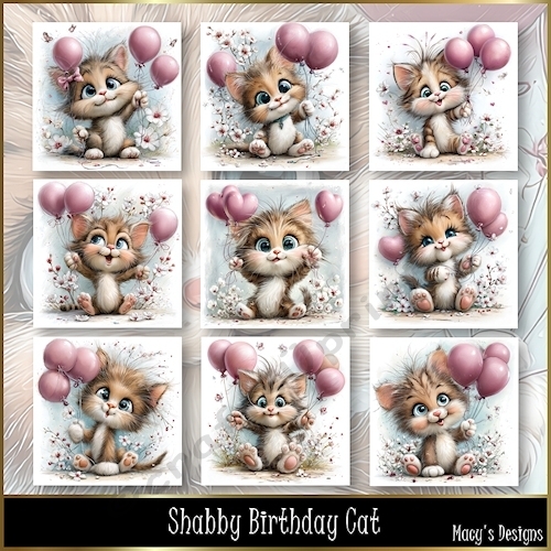 Shabby Birthday Cat - Illustrations for Cards, Mini kits & Designers