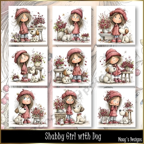 Shabby Girl with Dog - Illustrations for Cards, Mini kits & Designers