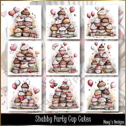 Shabby Party Cup Cakes - Illustrations for Cards, Mini kits & Designers