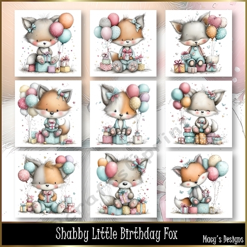 Shabby Little Birthday Fox - Illustrations for Cards, Mini kits & Designers