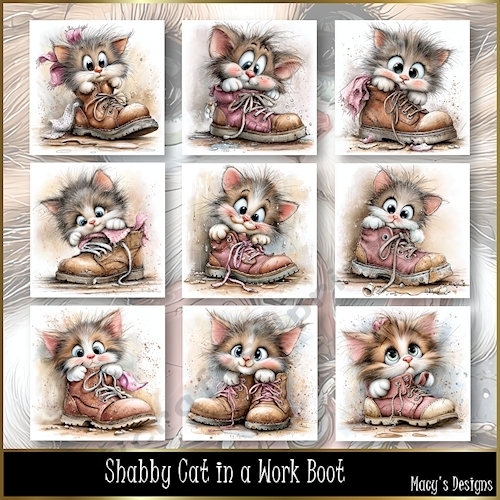 Shabby Cat in a Work Boot - Illustrations for Cards, Mini kits & Designers