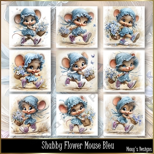 Shabby Flower Mouse Bleu - Illustrations for Cards, Mini kits & Designers