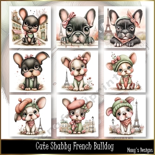 Cute Shabby French Bulldog - Illustrations for Cards, Mini kits & Designers