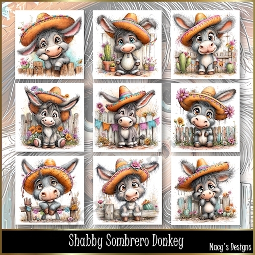 Shabby Sombrero Donkey - Illustrations for Cards, Mini kits & Designers