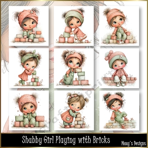 Shabby Girl Playing with Bricks - Illustrations for Cards, Mini kits & Designers