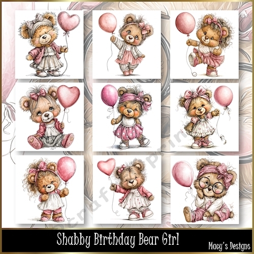 Shabby Birthday Bear Girl - Illustrations for Cards, Mini kits & Designers