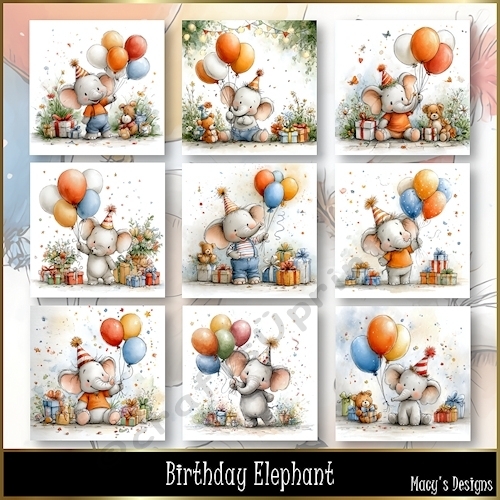 Birthday Elephant - Illustrations for Cards, Mini kits & Designers