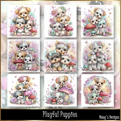 Playful Puppies -Illustrations for Cards, Mini kits & Designers