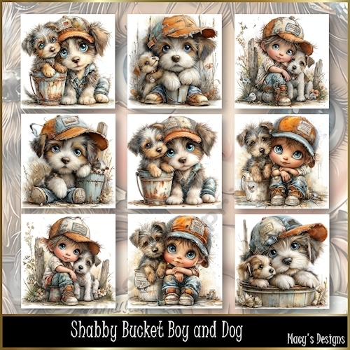 Shabby Bucket Boy and Dog - Illustrations for Cards, Mini kits & Designers