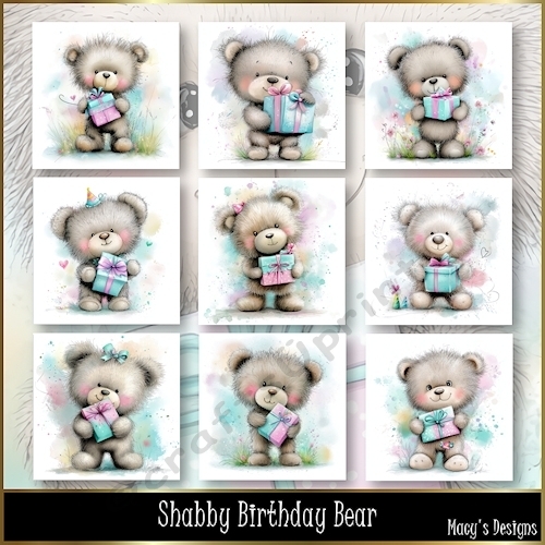 Shabby Birthday Bear - Illustrations for Cards, Mini kits & Designers