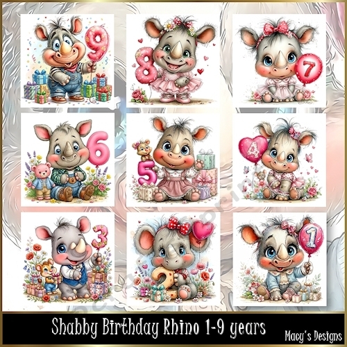 Shabby Birthday Rhino 1-9 Years - Illustrations for Cards, Mini kits & Designers