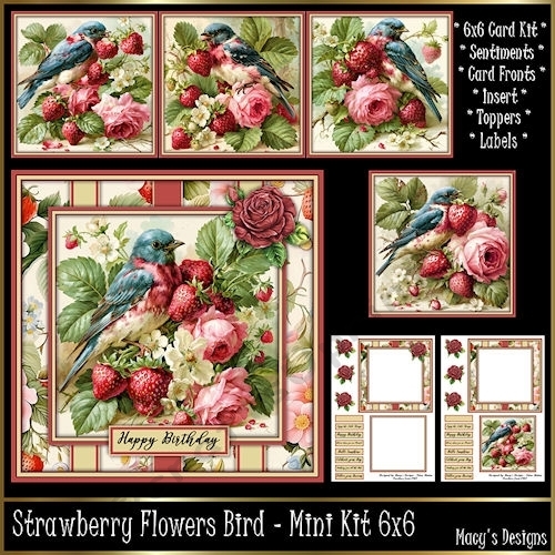 Strawberry Flowers Bird - Mini Kit 6x6