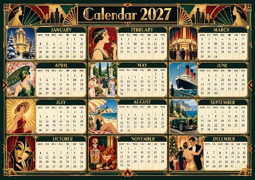 Year Calendar Retro 1920s  2027 