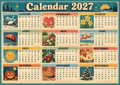 Year Calendar Retro  2027 