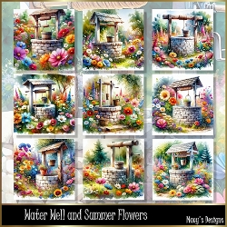 Water Well and Summer Flowers - Illustrations for Cards