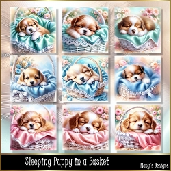 Sleeping Puppy in Basket - Illustrations for Cards, Mini kits & Designers