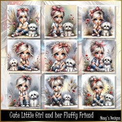 Cute Little Girl and her Fluffy Friend - Illustrations for Cards, Mini kits & Designers