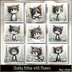 Shabby Kitten with Flowers - Illustrations for Cards, Mini kits & Designers