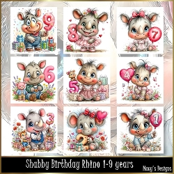 Shabby Birthday Rhino 1-9 Years - Illustrations for Cards, Mini kits & Designers