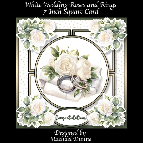White Wedding Rings and Roses 7 Inch Square