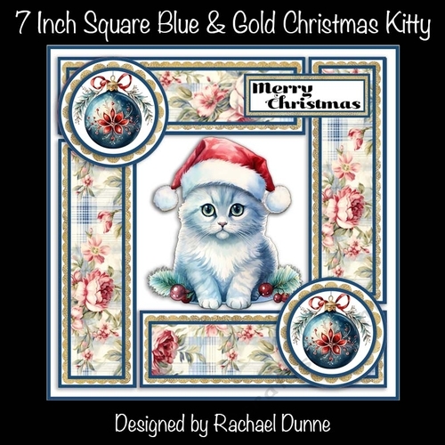 7 Inch blue and Gold Christmas Kitty
