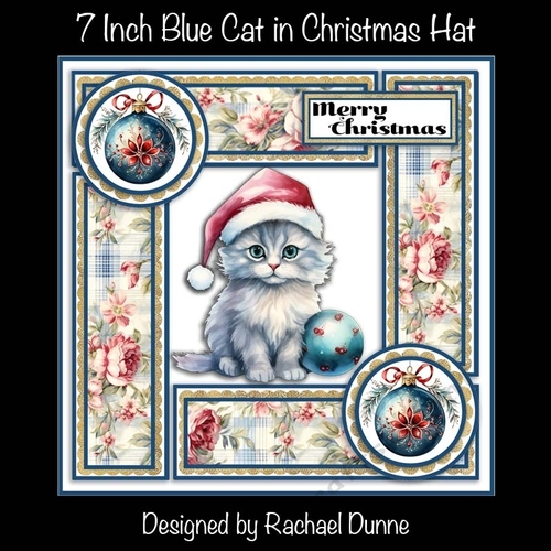 7 in Square Blue Cat in Christmas Hat