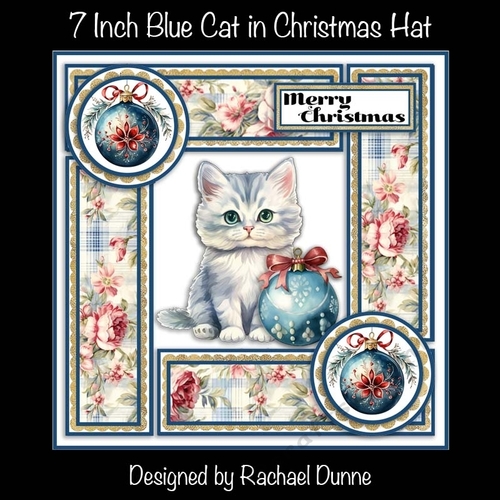 7 in Square Blue Kitty with Bow on Bauble