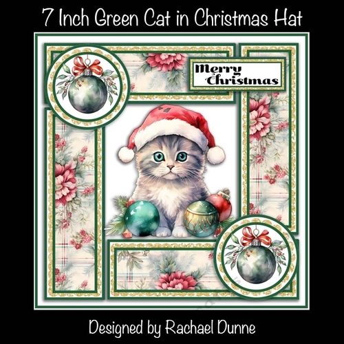 7 in Square Green Cat in Christmas Hat