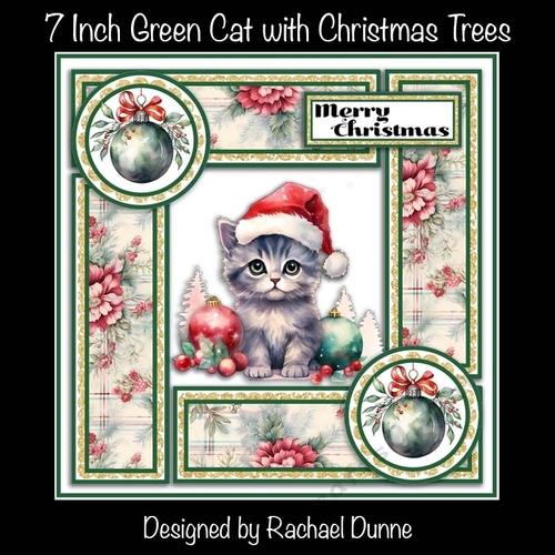 7 in Square Green Kitty with Christmas Trees