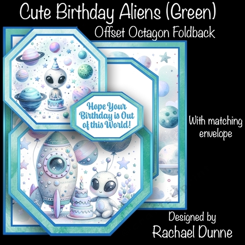 Cute Little Aliens (Green) Offset Octagon Foldback Card