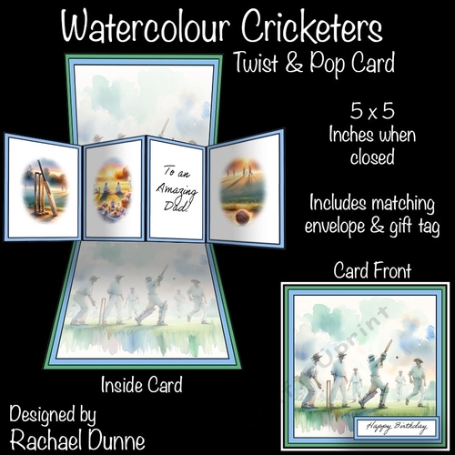 Watercolour Cricketers Twist and Pop Card