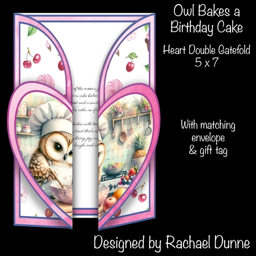 Owl Bakes a Birthday Cake Heart Shaped Double Gatefold 5 x 7