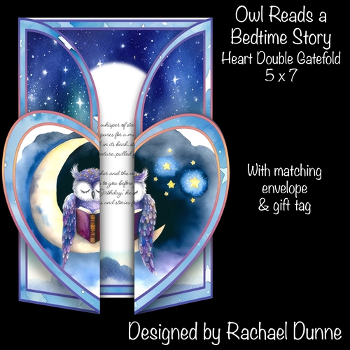 Owl Reads a Bedtime Story Heart Shaped Double Gatefold 5 x 7
