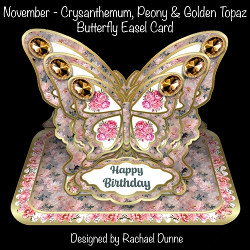 November, Chrysanthemum, Peony and Golden Topaz Butterfly Easel Card