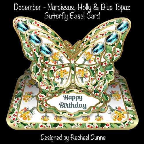December - Narcissus, Holly & Blue Topaz Butterfly Easel Card
