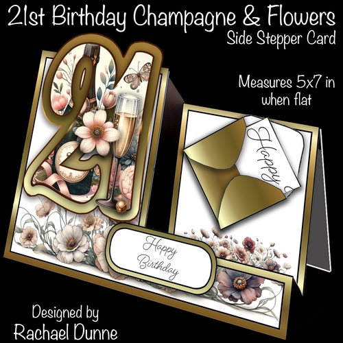21st Champagne and Flowers Side Stepper Card
