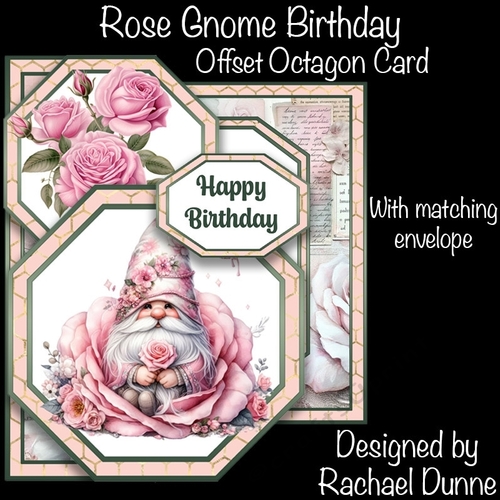 Pink Rose Gnome Offset Octagon Card