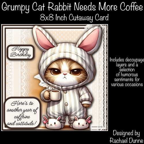 Grumpy Cat Rabbit Needs More Coffee 8x8 Inch Square Card