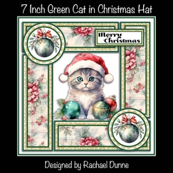 7 in Square Green Cat in Christmas Hat