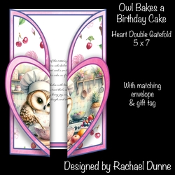 Owl Bakes a Birthday Cake Heart Shaped Double Gatefold 5 x 7