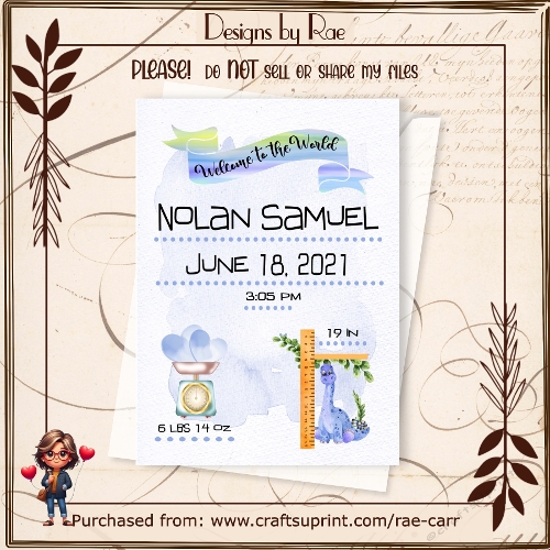 PS 2507 Baby Boy Dinosaur Announcement PNG & Printable Sheet