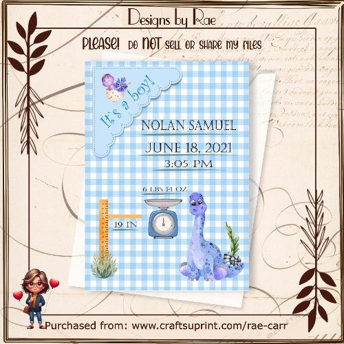 PS 2508 Baby Boy Dinosaur Announcement PNG & Printable Sheet