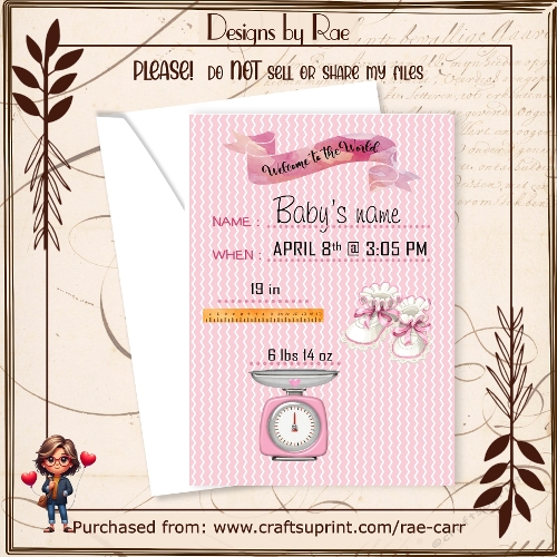 PS 2510 Baby Girl Announcement PNG & Printable Sheet