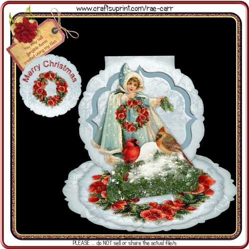 362 Christmas Girl & Redbirds Easel Card    Hand & Machine Formats