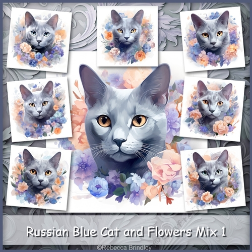 Russian Blue Cat and Flowers Mix 1