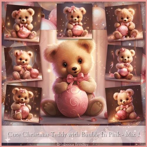 Cute Christmas Teddy with Bauble In Pink - Mix 1