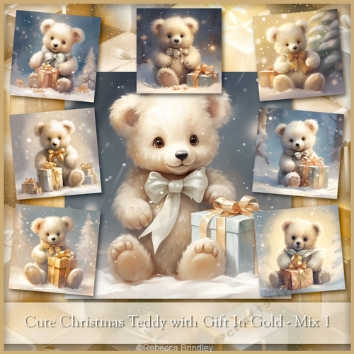 Cute Christmas Teddy with Gift In Gold - Mix 1 