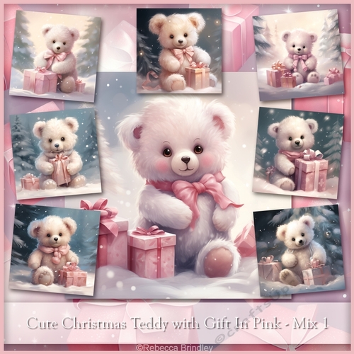Cute Christmas Teddy with Gift In Pink - Mix 1 