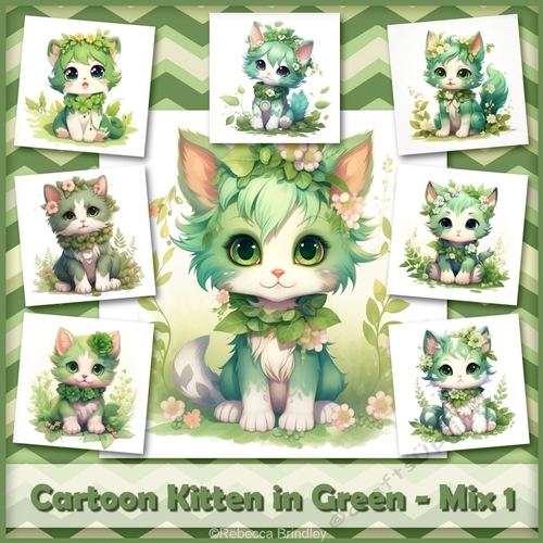 Cartoon Kitten in Green - Mix 1